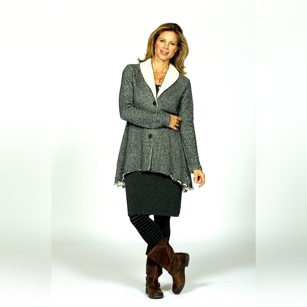 Gray Button-Up Cardigan with White Collar